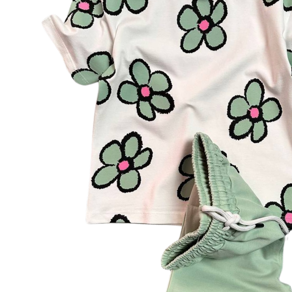 Girls green cotton jogger set featuring a printed top and matching comfortable sweatpants — view 3