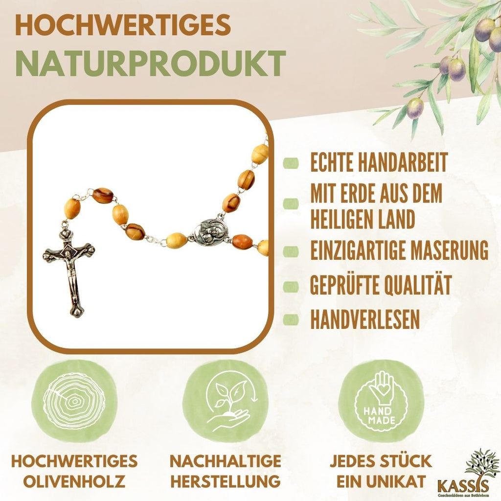 Rosenkranz mit ovalen Olivenholz-Perlen und Elementen aus Metall & Erde | Gebetskette mit Kreuz als Geschenk zur Taufe, Kommunion & Firmung-1