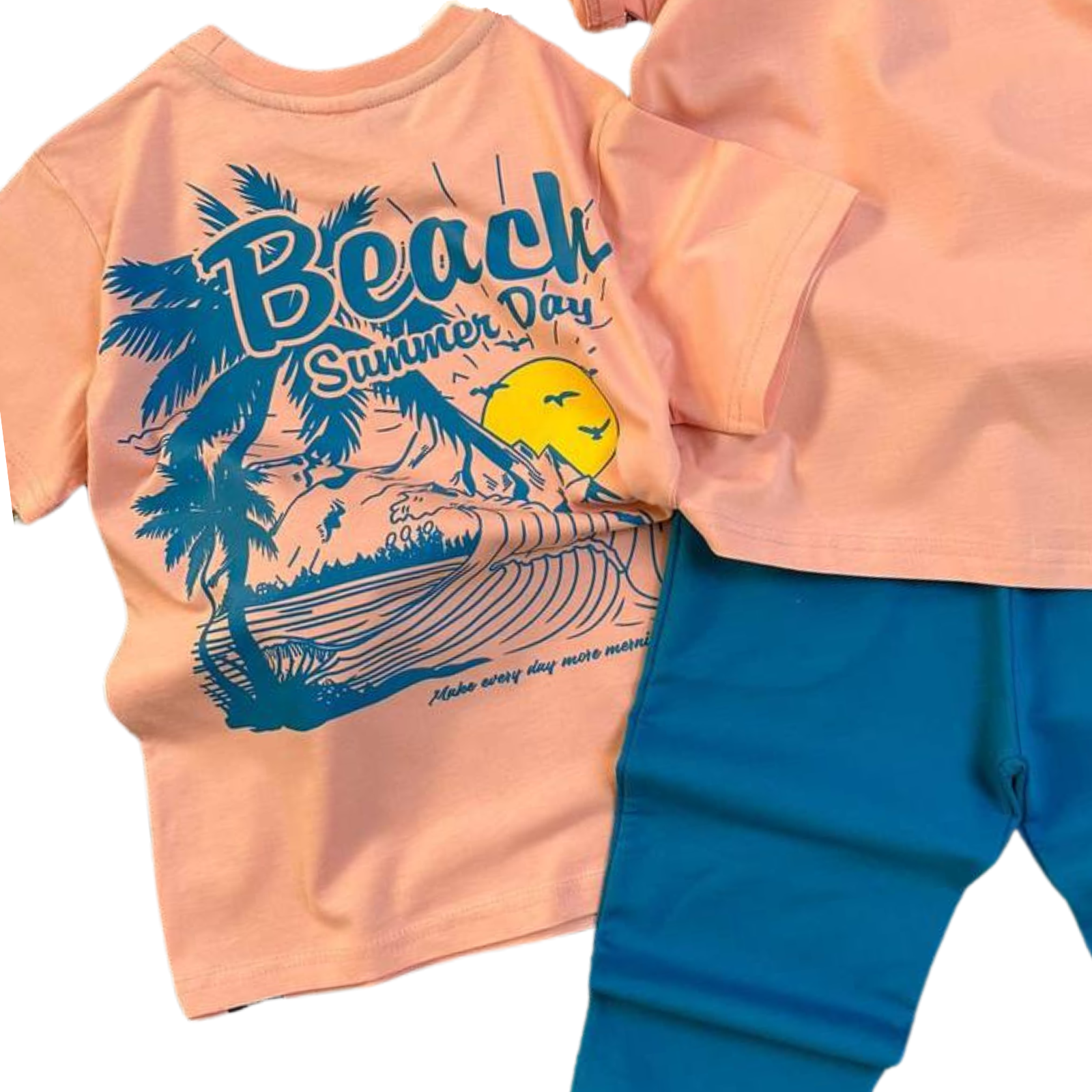 Beach dude boys jogger set featuring a blue cotton printed top and matching lightweight cotton pants — view 3