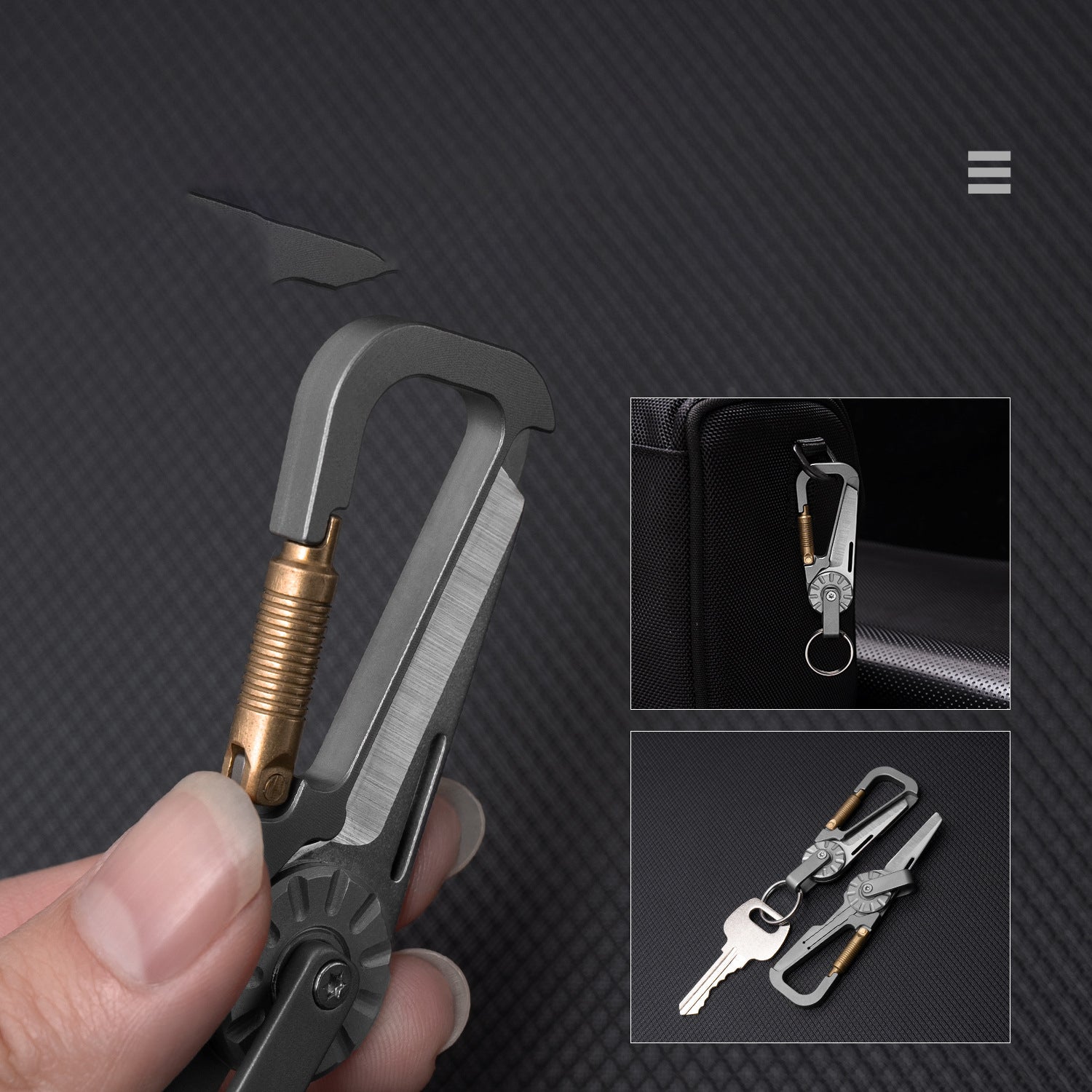 Titanium alloy tactical carabiner multi-tool with bottle opener and secure rotating keychain hook attachment.