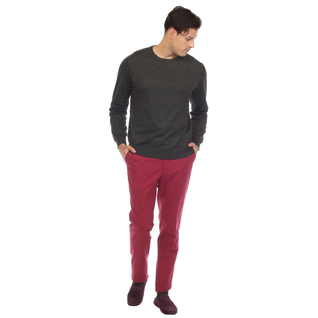 Men's charcoal grey knitted crewneck sweater, slim fit long sleeve pullover on a neutral background — view 4