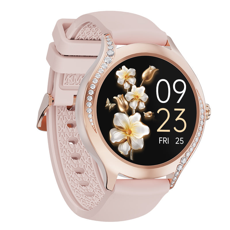 Women's fashion smart watch with diamond bezel, displaying digital fitness tracking face and elegant wristband — view 4