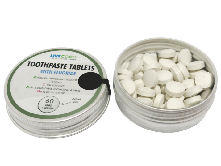 Fresh peppermint toothpaste tablets in a reusable tin container for zero waste oral care — view 4
