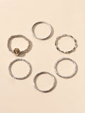 Six piece stackable silver tone rhinestone ring set in assorted sizes for women