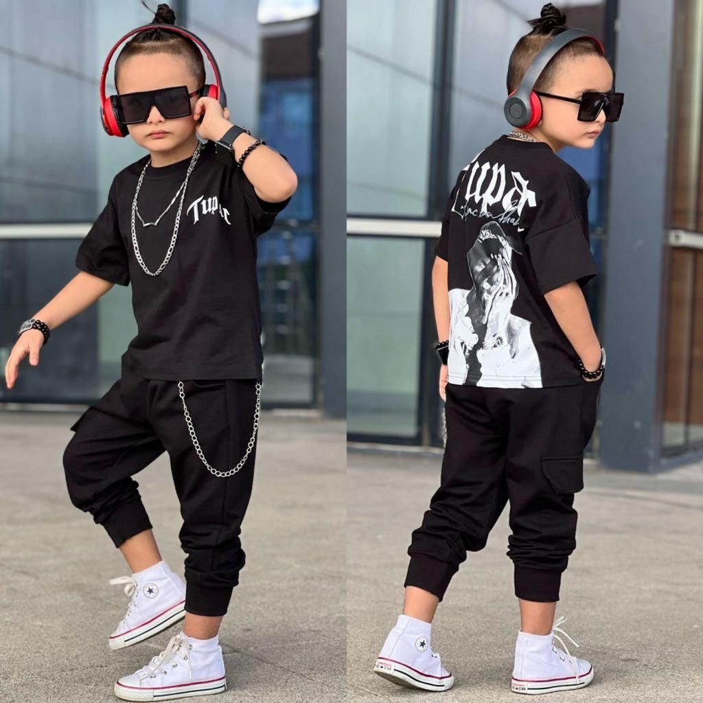 Tupac rap boys jogger set in grey cotton with short-sleeved graphic tee and matching pants — view 5
