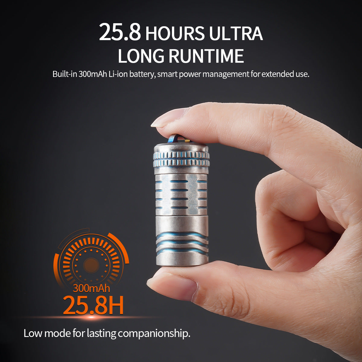 Titanium EDC keychain flashlight, compact silver metal mini LED torch for everyday carry and outdoors.