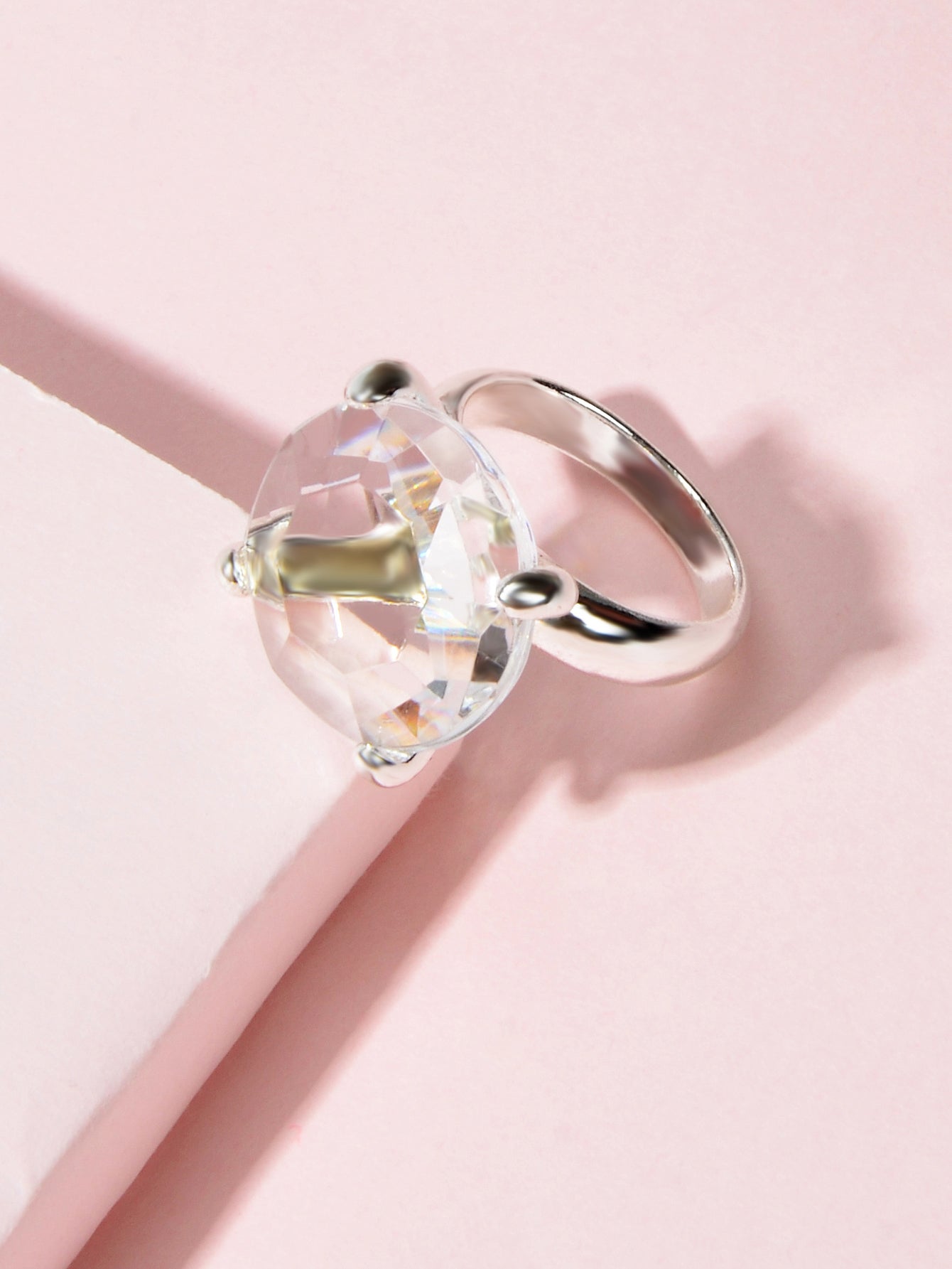 Big transparent simulated crystal women's statement ring with silver polished band for engagement gifts. — view 2