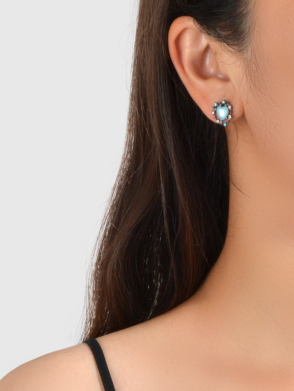 Retro blue opal heart stud earrings with colorful rhinestone halo on a clean background — view 2