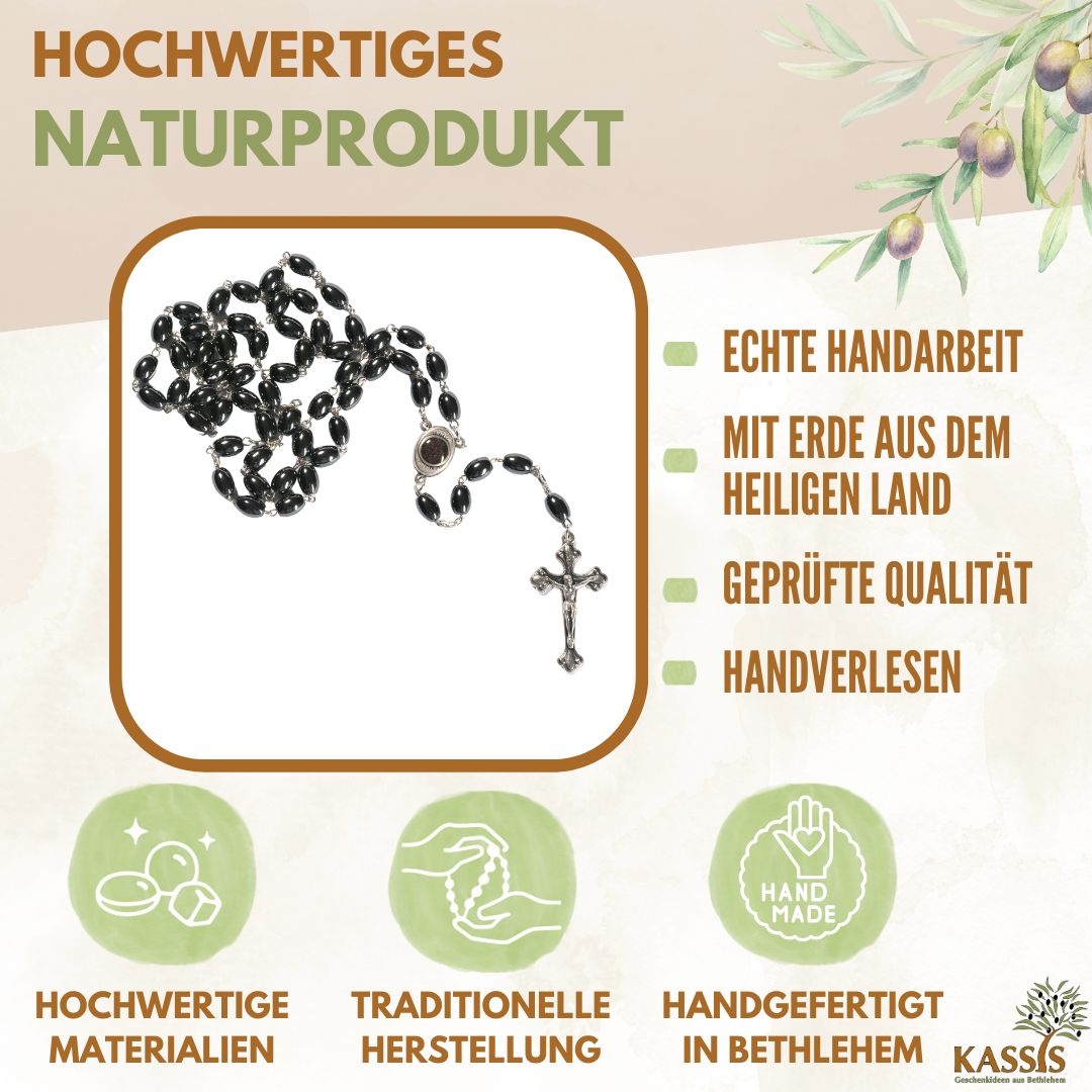 Rosenkranz mit ovalen Hämatitperlen (53 cm) | Gebetskette mit Metallkreuz, Geschenk zur Taufe, Kommunion & Firmung-1
