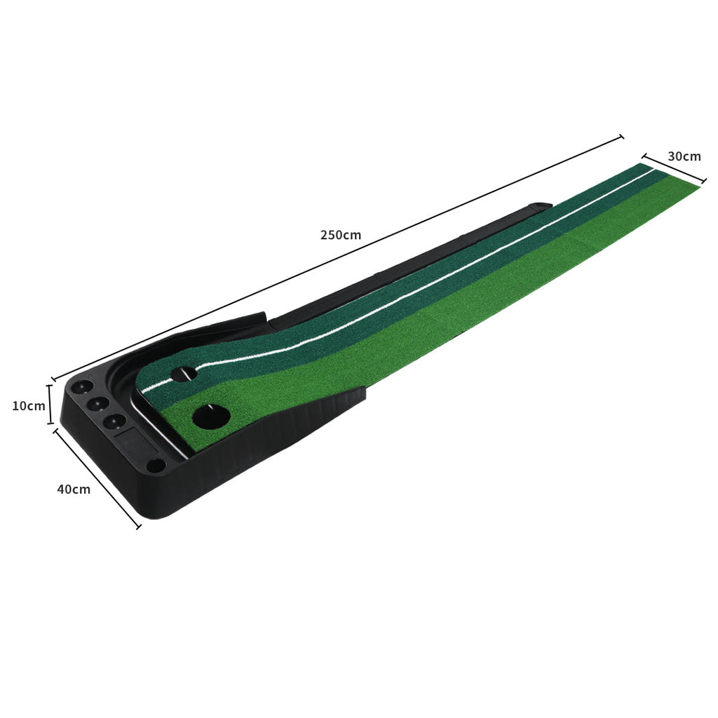 Green portable golf putting mat with dual holes and automatic ball return track — view 2