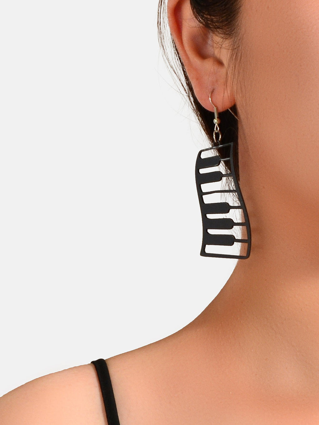 Black and white resin piano keyboard drop statement earrings with dangle design — view 2