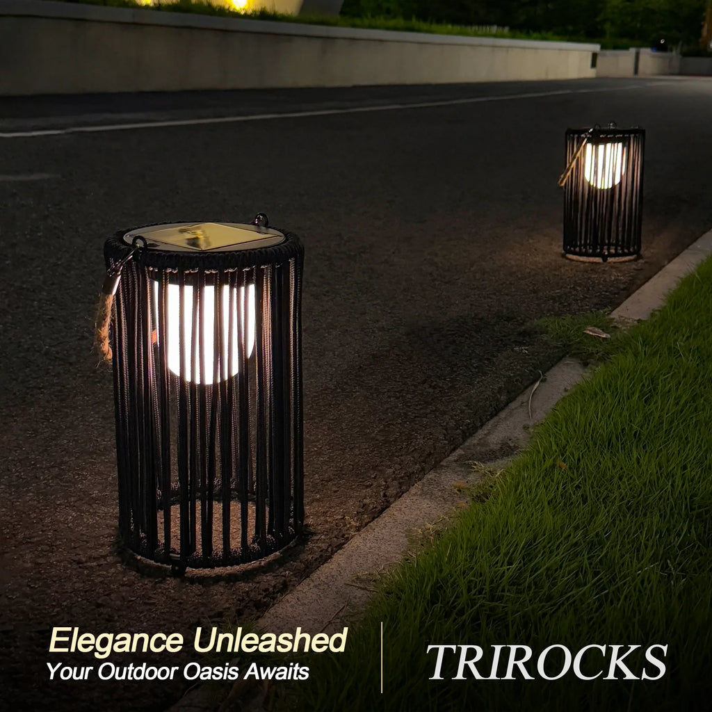 Two black metal 10.5 inch outdoor solar lanterns with rustic jute rope handles for garden lighting — view 5
