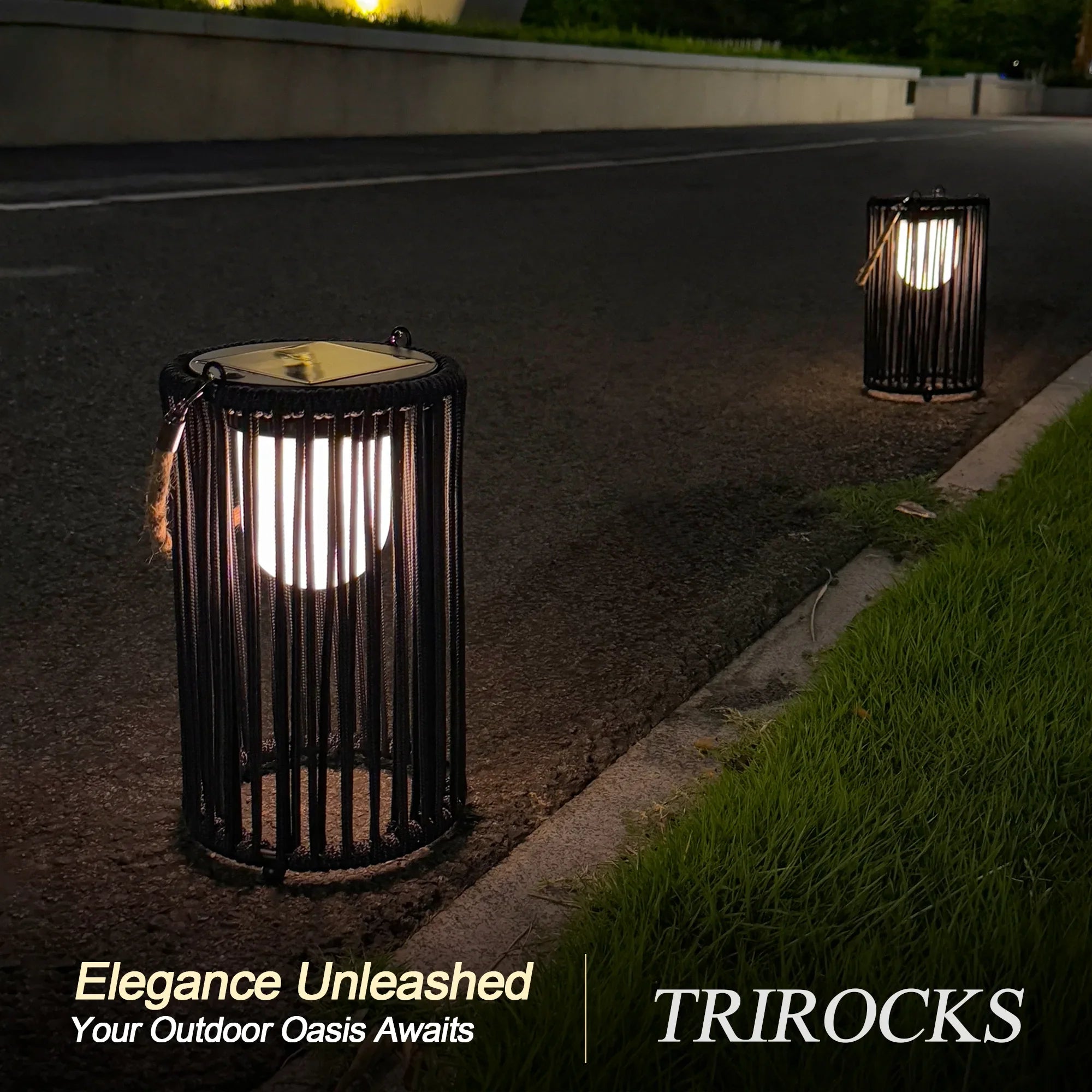 Two black metal 10.5 inch outdoor solar lanterns with rustic jute rope handles for garden lighting — view 5