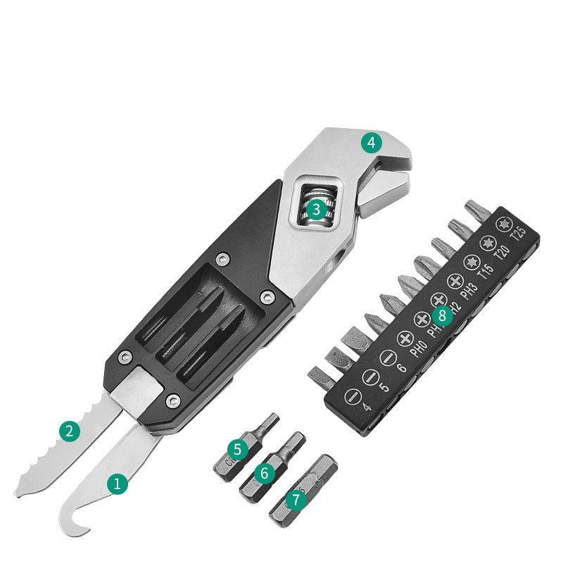 Stainless steel 8-in-1 folding multitool wrench with pliers, knife, and screwdrivers deployed. — view 2