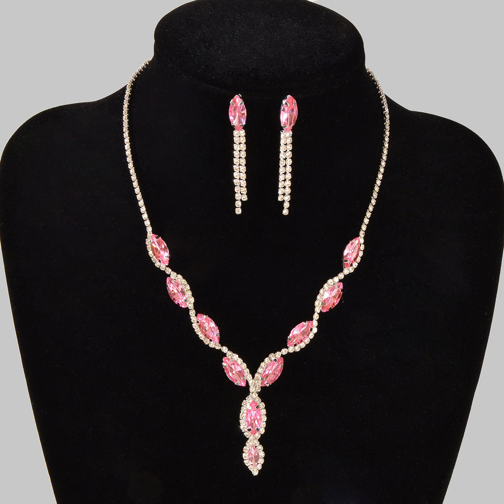 Luxurious pink crystal wedding jewelry set featuring a water drop necklace and matching dangle earrings — view 2