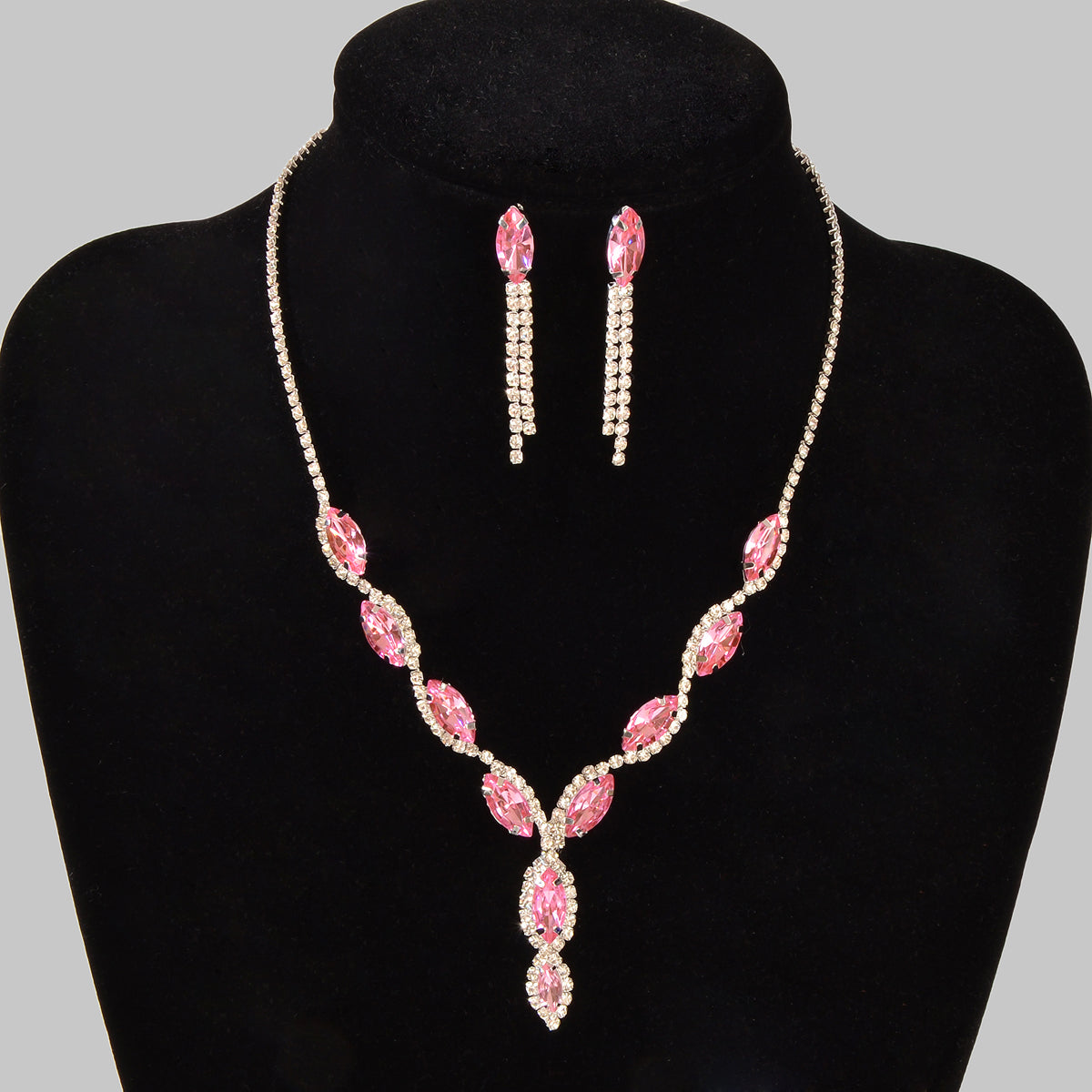 Luxurious pink crystal wedding jewelry set featuring a water drop necklace and matching dangle earrings — view 2
