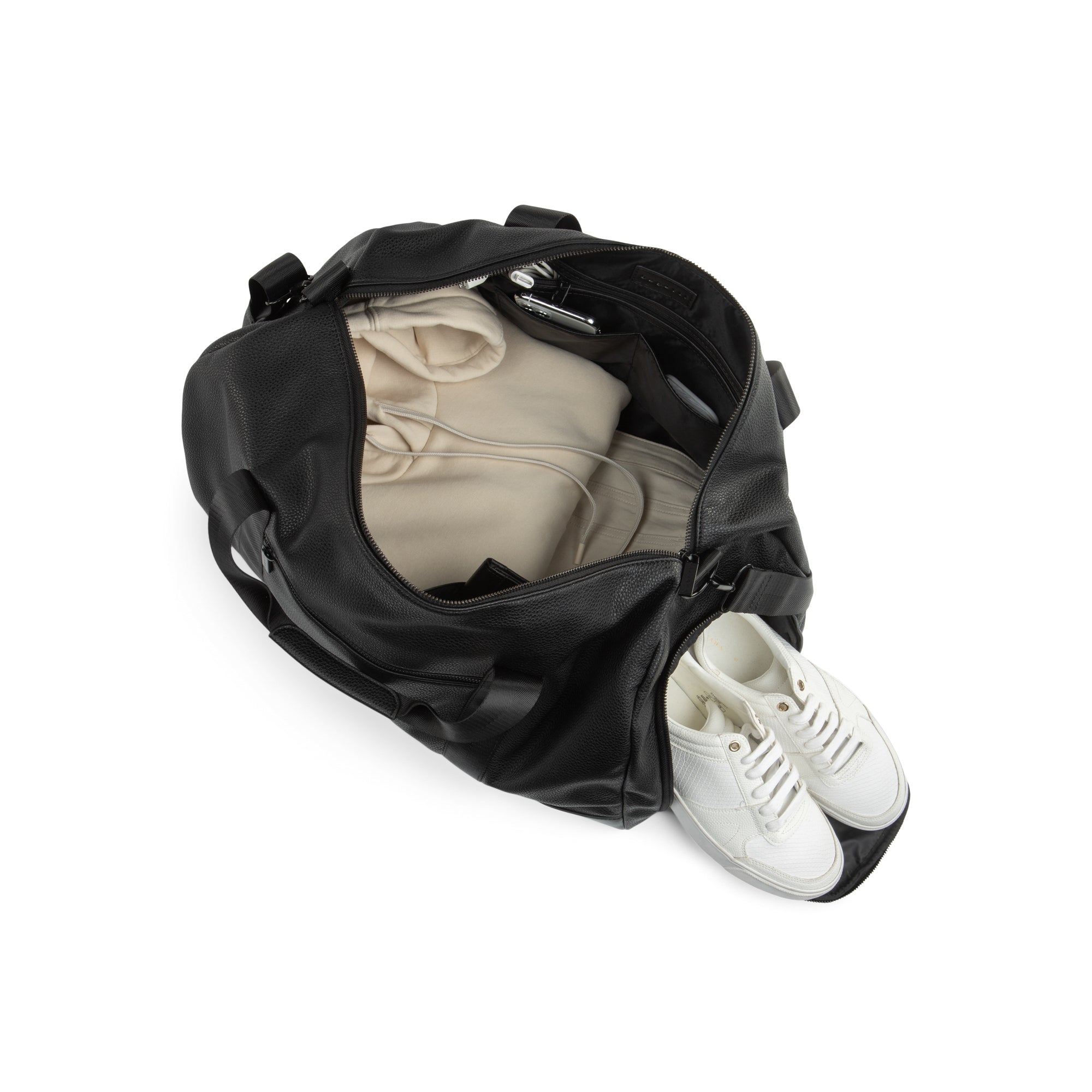 Textured vegan leather duffle bag with sturdy carrying handles and adjustable shoulder strap for travel — view 3