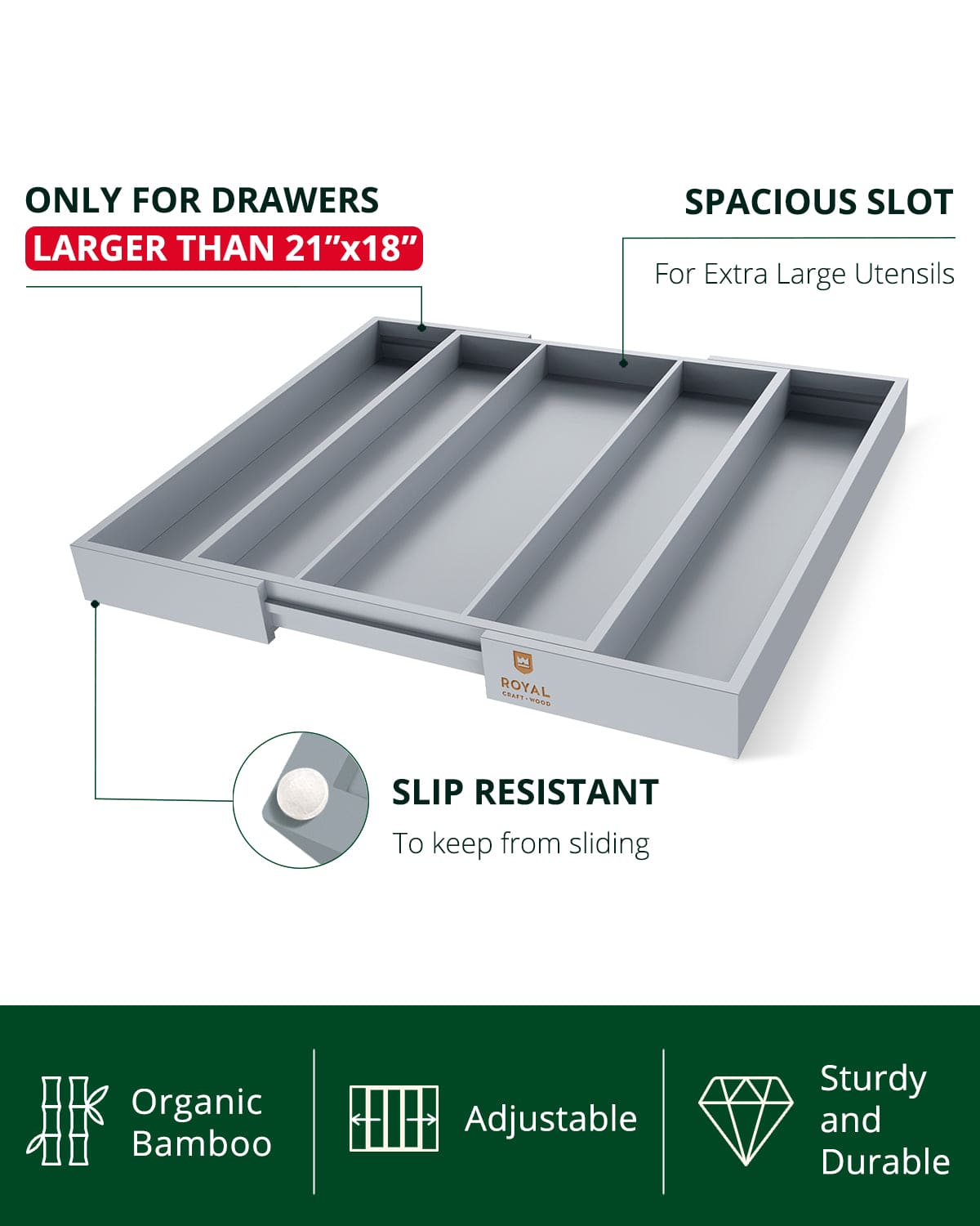 Gray bamboo 5-slot utensil drawer organizer holding silverware in a modern kitchen setting — view 3
