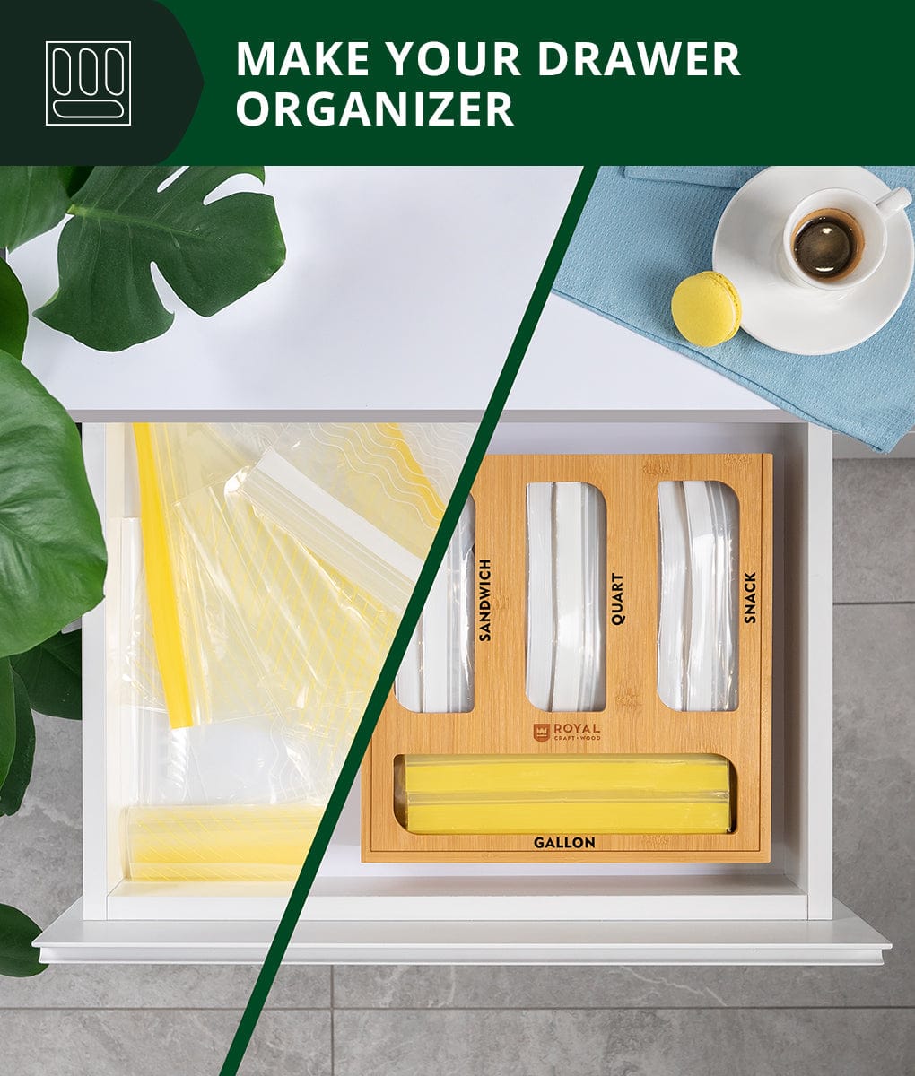 Natural wood ziplock bag storage organizer with slots for gallon quart sandwich and snack bags — view 5