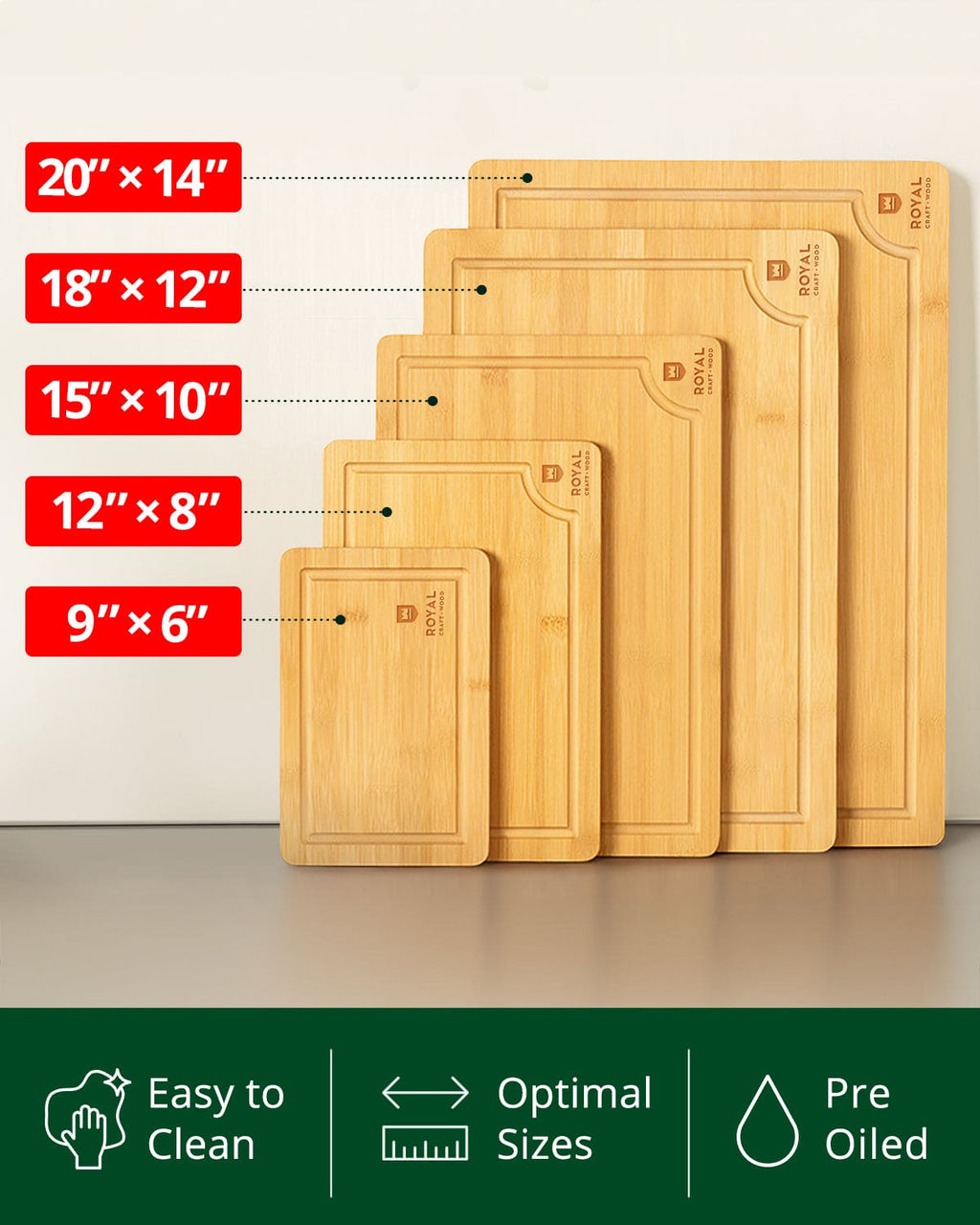 Bamboo cutting board set of five rectangular wooden chopping blocks with built-in juice grooves. — view 5