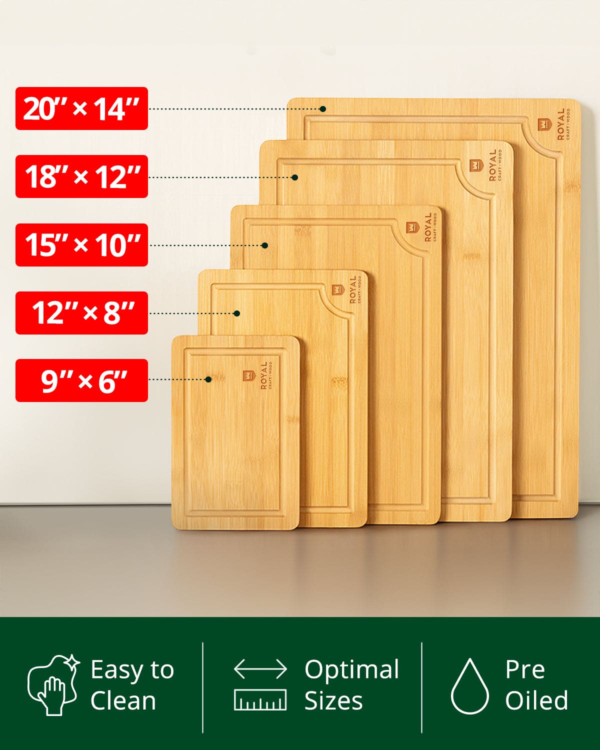Bamboo cutting board set of five rectangular wooden chopping blocks with built-in juice grooves. — view 5