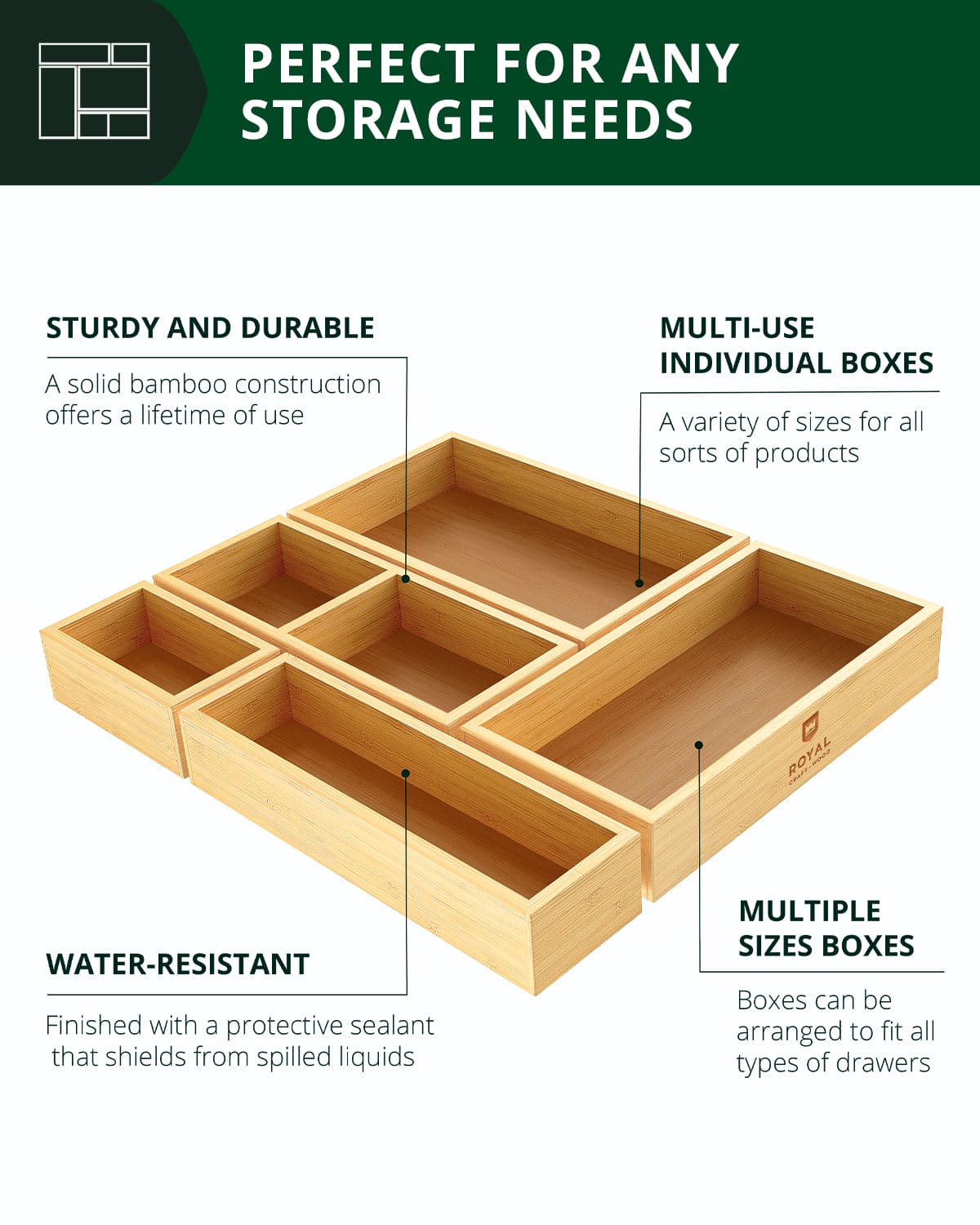 Set of five natural light wood storage boxes and drawer dividers arranged on a flat surface — view 3