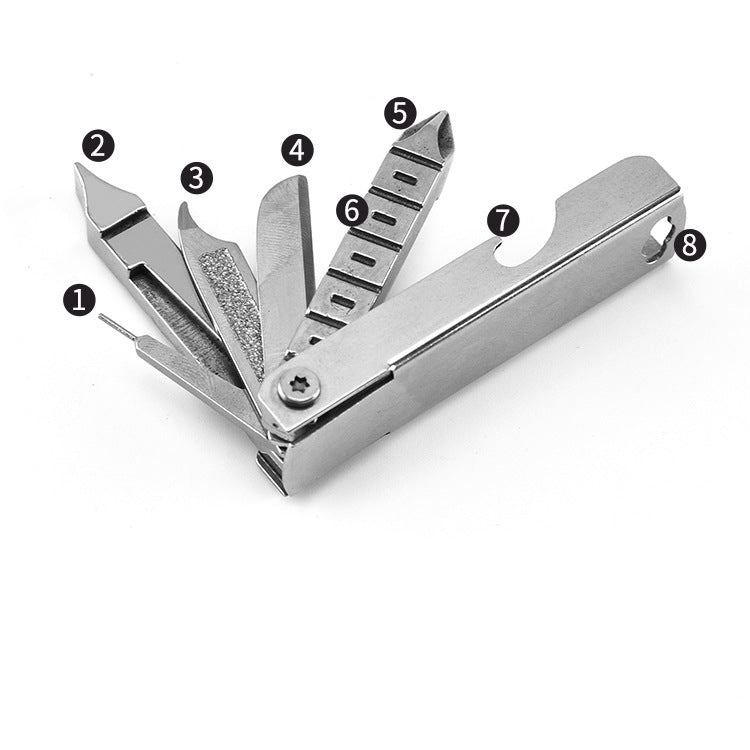 Stainless steel 8-in-1 everyday carry keychain multitool for camping and outdoor utility — view 3