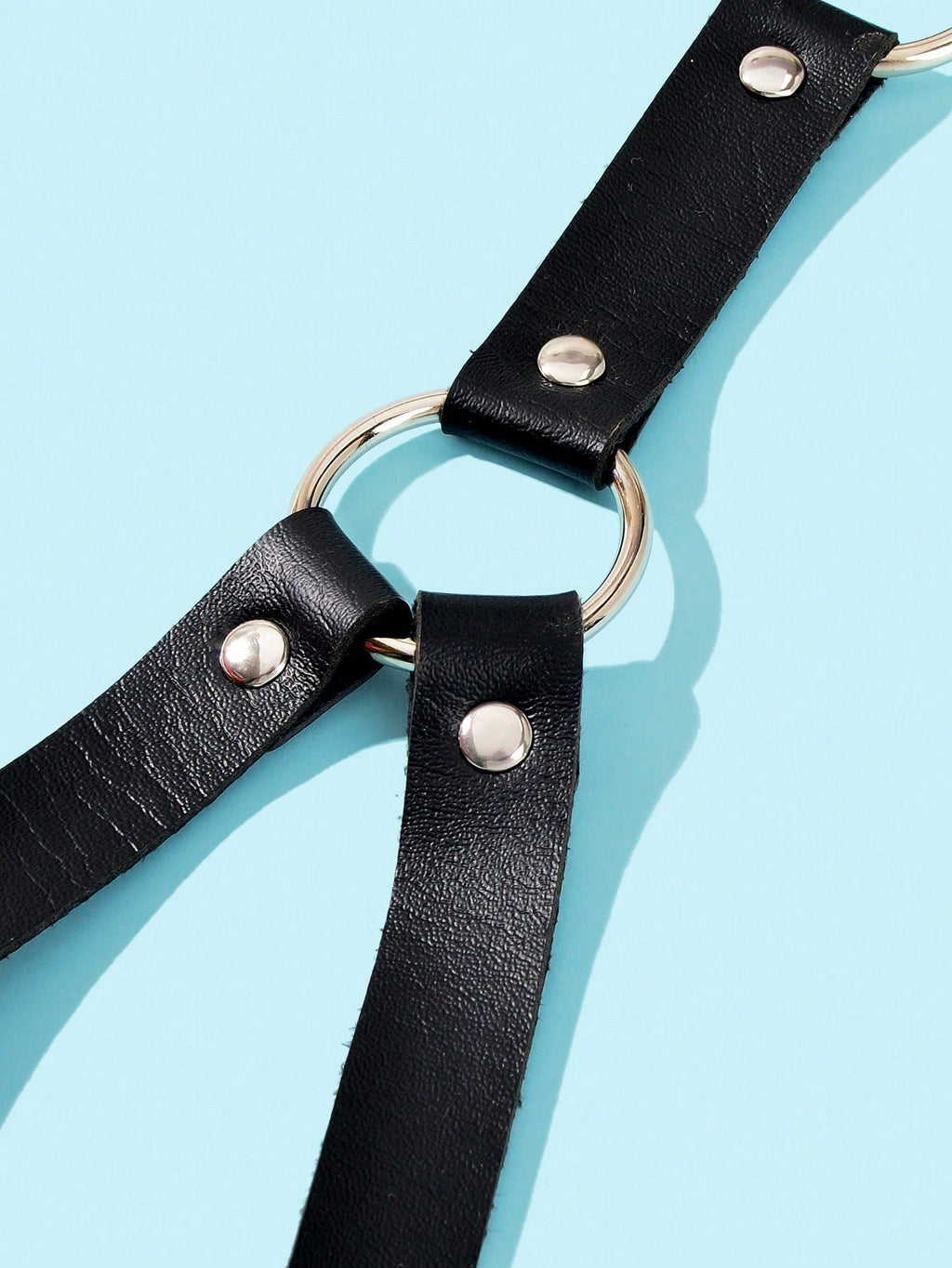 Black PU leather body harness with silver waist chains and adjustable buckles for rave and nightclub — view 3