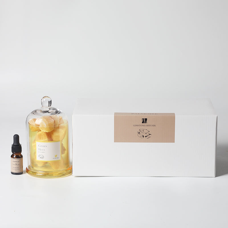 Golden hour gemstone diffuser with elegant decorative stones and luxury magnolia fragrance oil bottle — view 5