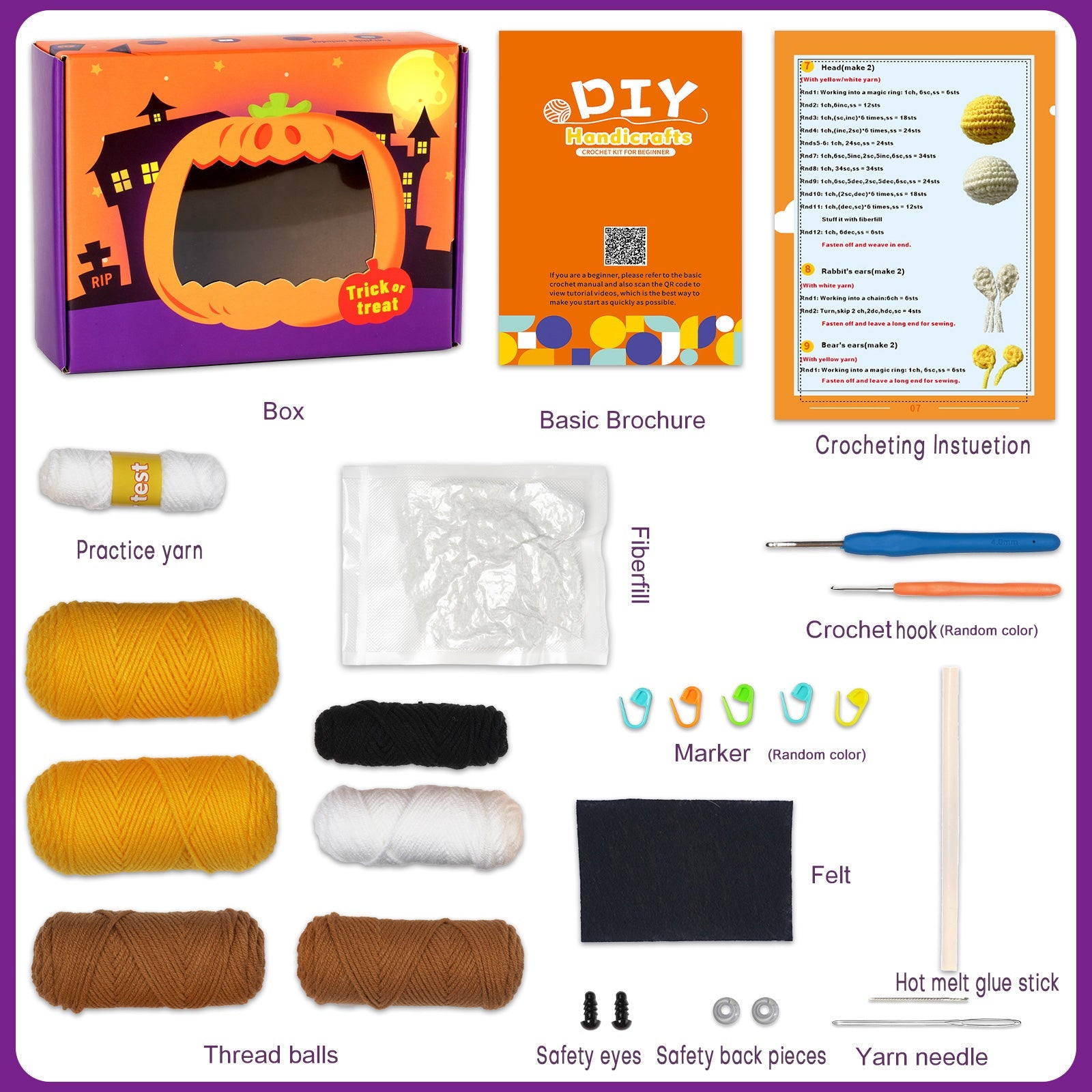 Halloween amigurumi crochet kit featuring a finished yarn pumpkin and cute little ghost plush figures — view 5