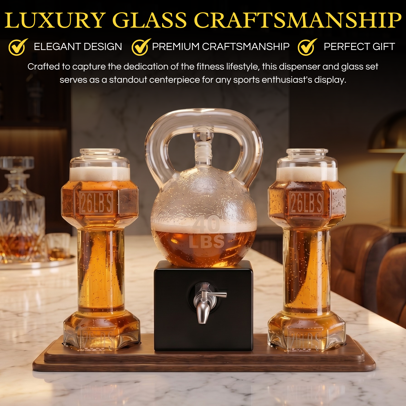 Clear glass kettlebell whiskey decanter and four dumbbell glasses on a wooden display base — view 3