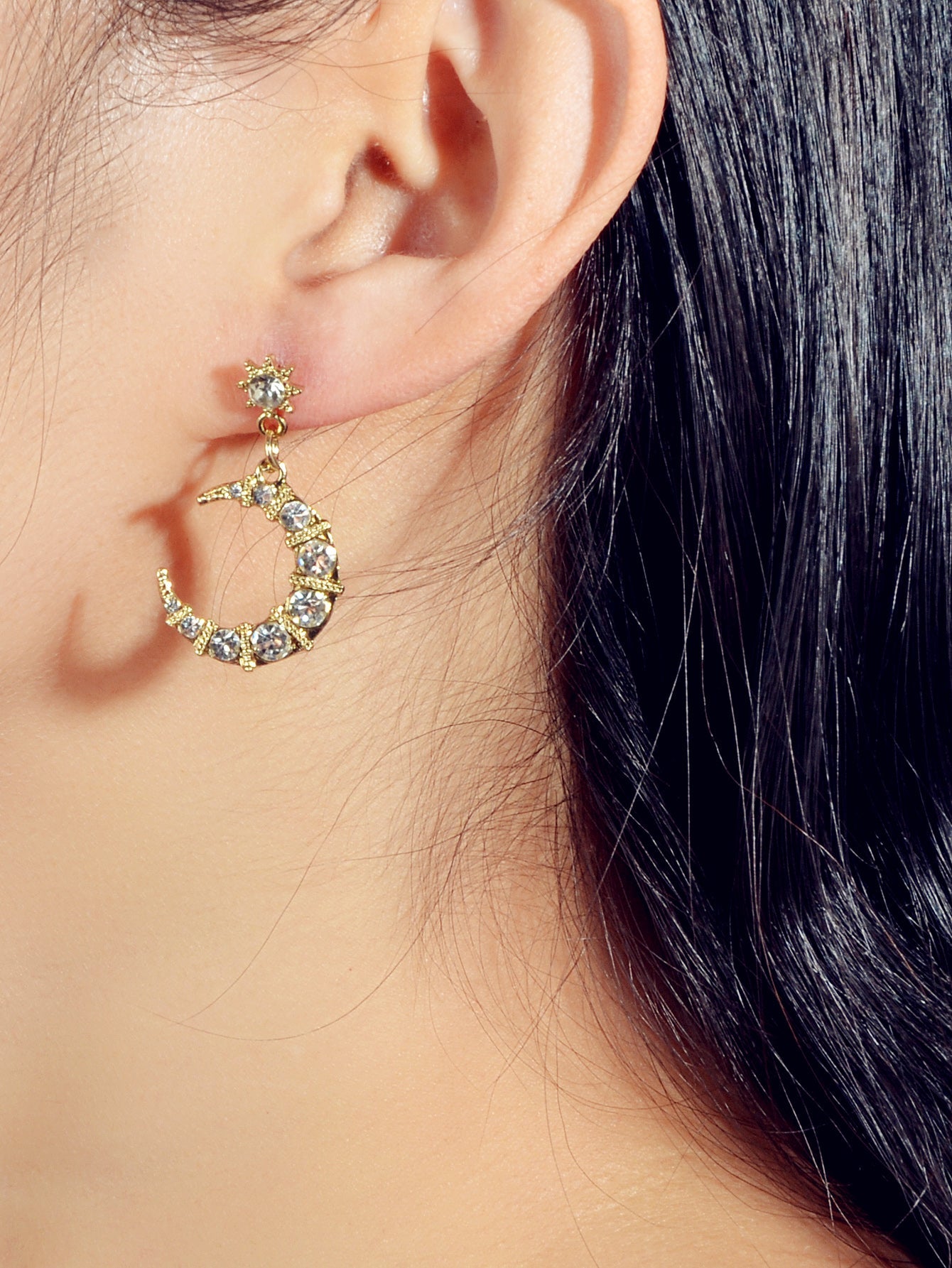 Textured luxury rhinestone star and moon dangle earrings for weddings and evening wear — view 2