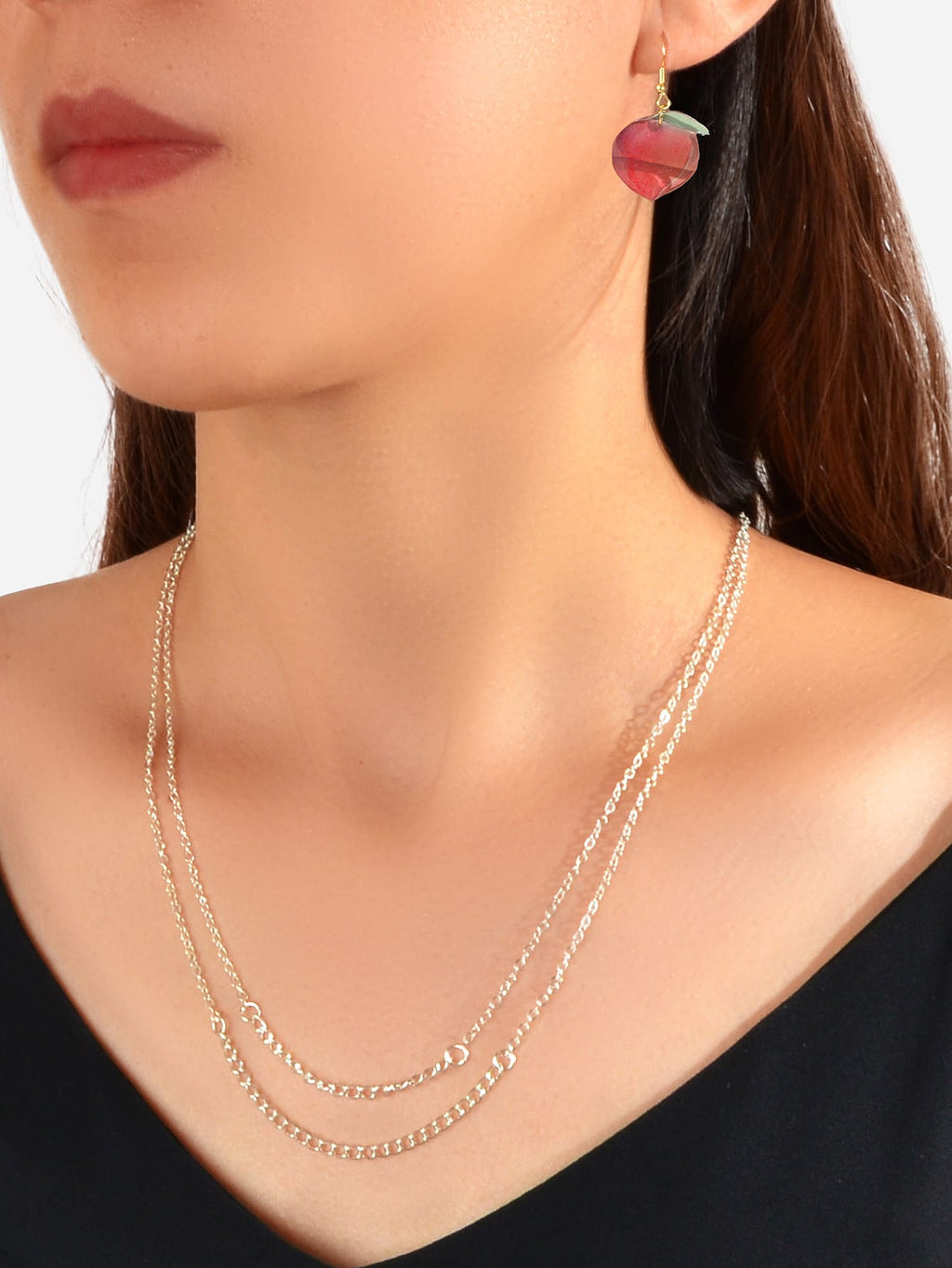 Silver double layer chain necklace and matching pink resin peach dangle earrings jewelry set