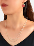 Silver double layer chain necklace and matching pink resin peach dangle earrings jewelry set