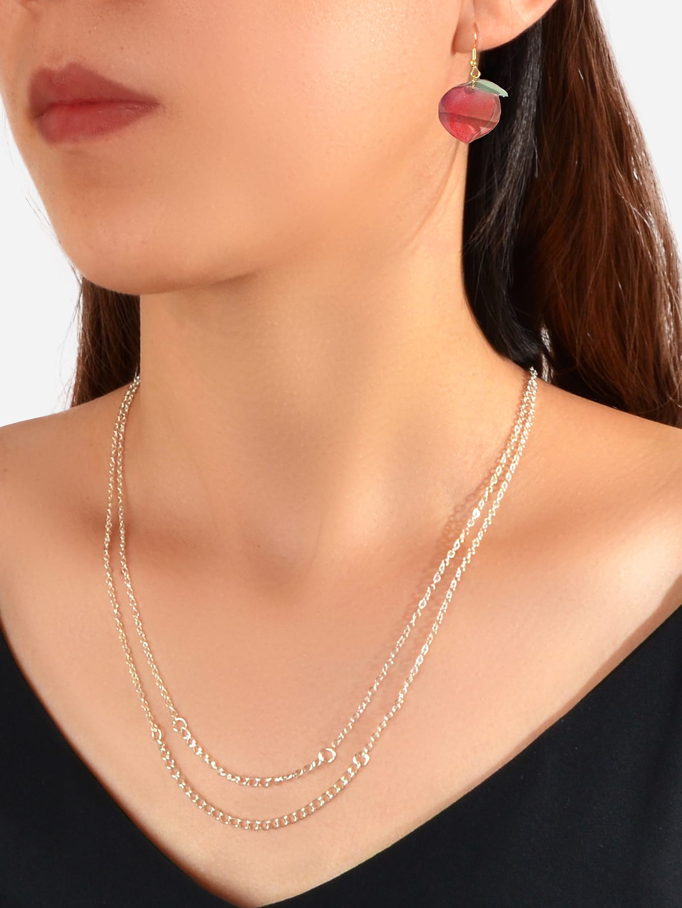Silver double layer chain necklace and matching pink resin peach dangle earrings jewelry set
