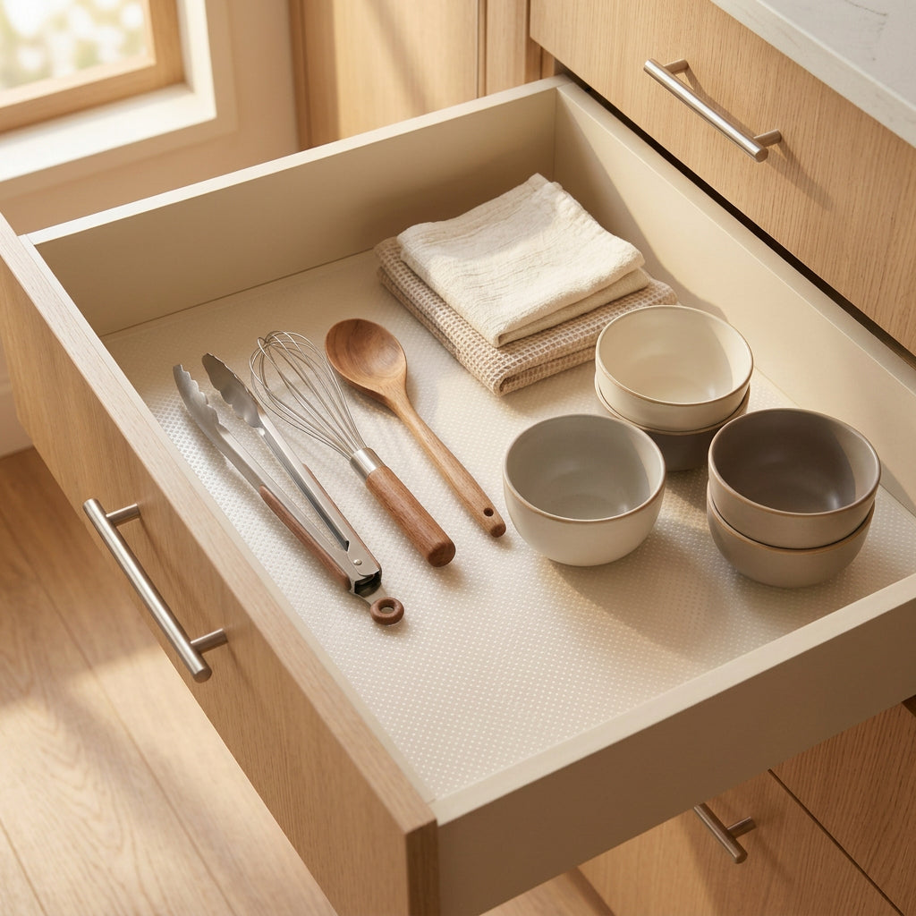 Transparent EVA cabinet shelf liner mat roll unrolled on a wooden kitchen drawer surface — view 3