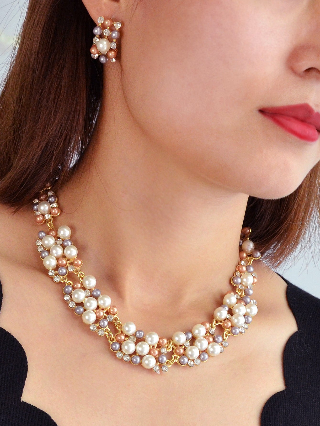 Luxurious rhinestone and pearl collar necklace with matching stud earrings set for formal engagement events. — view 2