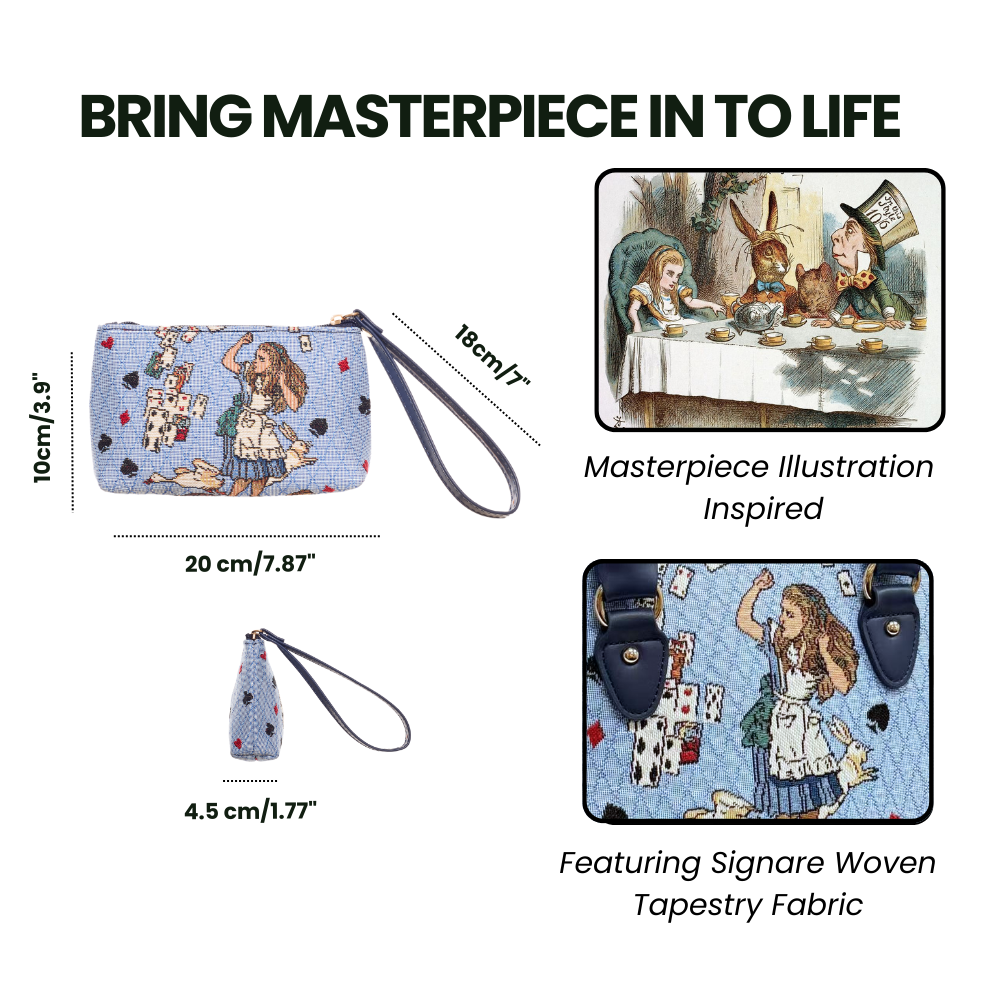 Alice in Wonderland woven tapestry wristlet bag with vegan leather hand loop and card motifs — view 2