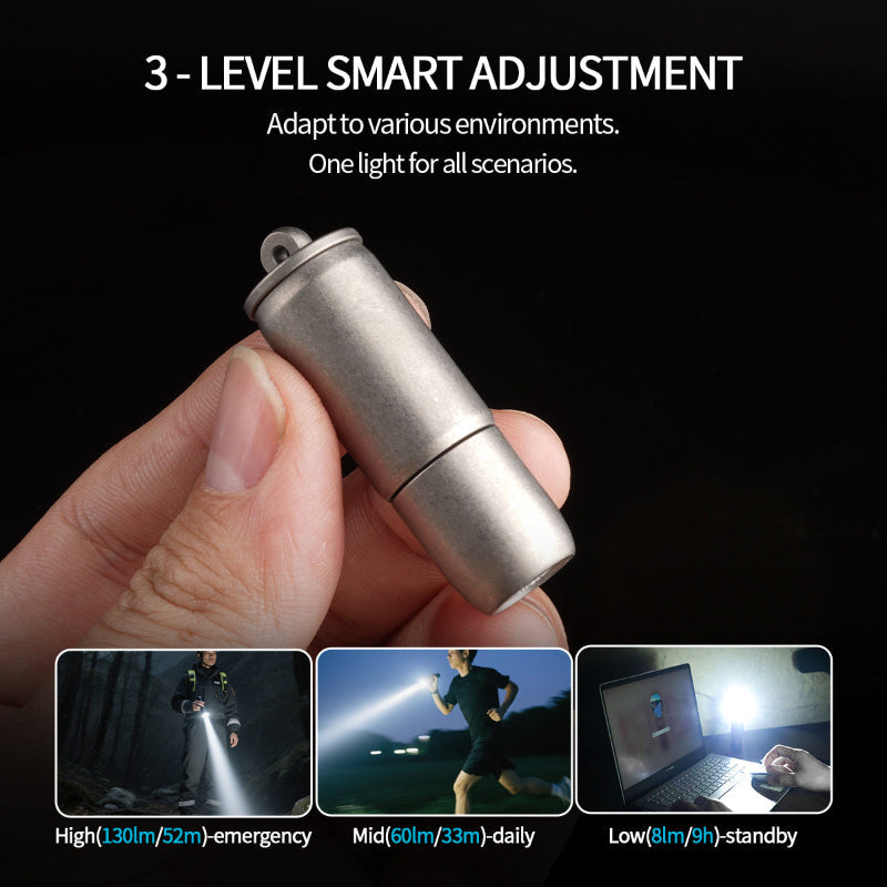 Titanium rechargeable bullet keychain flashlight with lanyard and 130 lumen LED beam — view 3