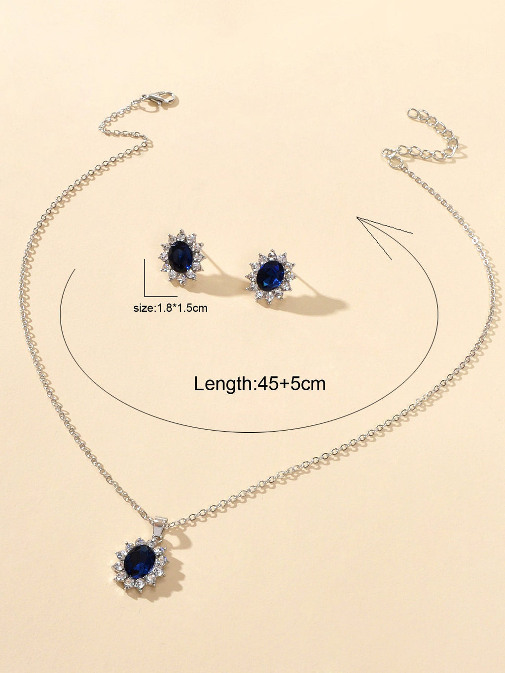 Blue simulated gemstone jewelry set with adjustable charm necklace and matching stud earrings for women — view 2
