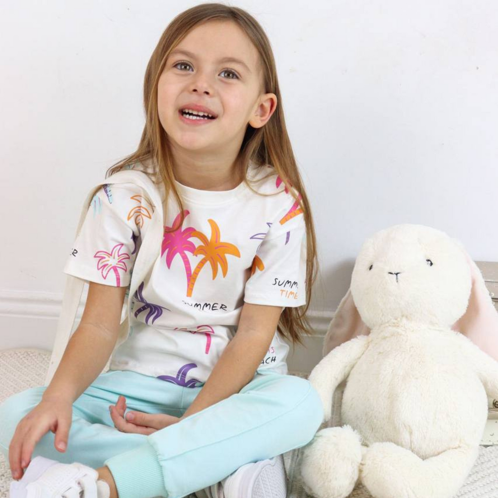Aqua blue Kissing Palms girls cotton jogger set featuring printed top and matching comfortable sweatpants — view 2