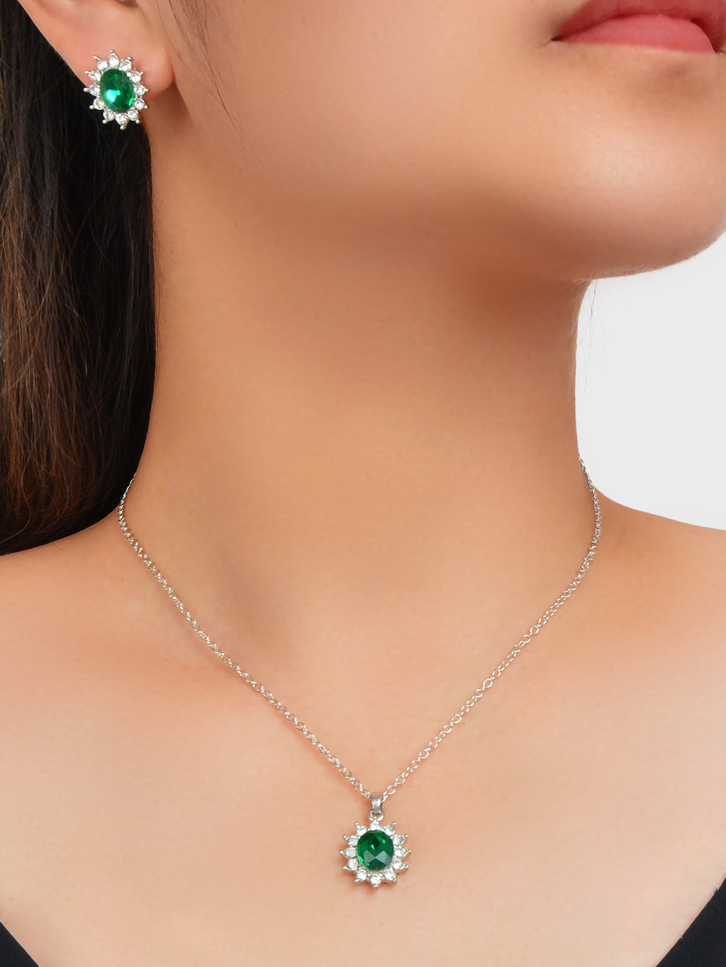 Blue simulated gemstone jewelry set with adjustable charm necklace and matching stud earrings for women — view 5