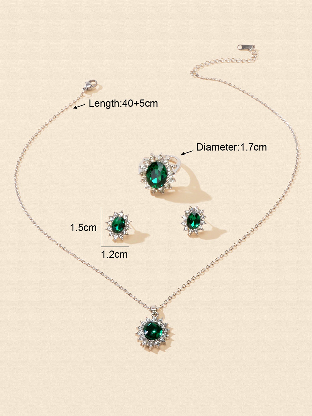 Luxury three piece crystal floral wedding jewelry set with necklace, stud earrings, and matching finger ring — view 2