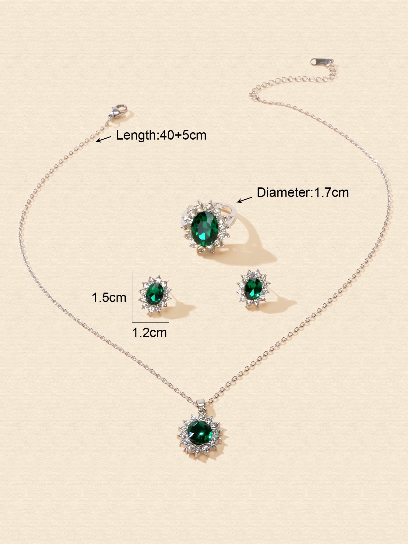 Luxury three piece crystal floral wedding jewelry set with necklace, stud earrings, and matching finger ring — view 2