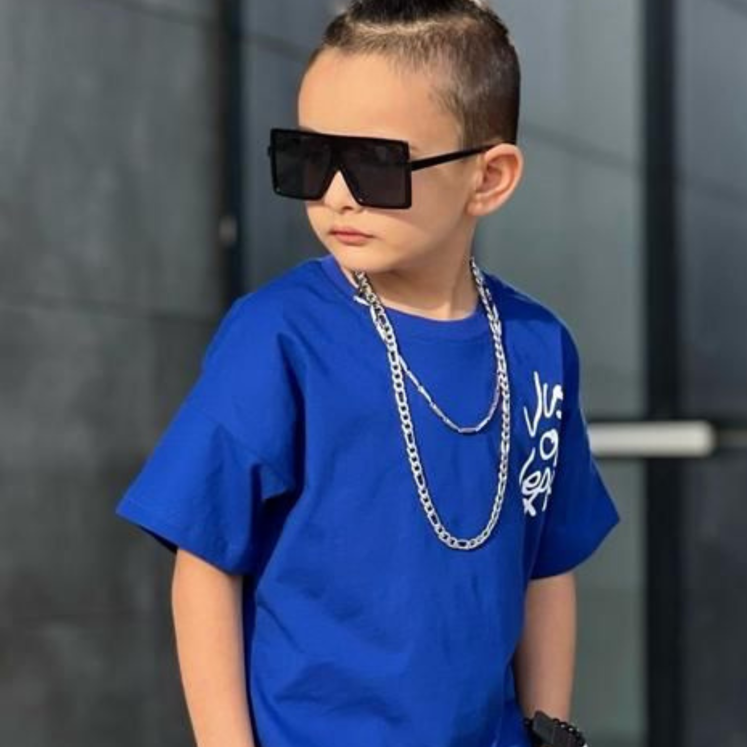 Blue cotton boys jogger set featuring a short-sleeved graphic t-shirt and matching elastic cuff pants — view 5