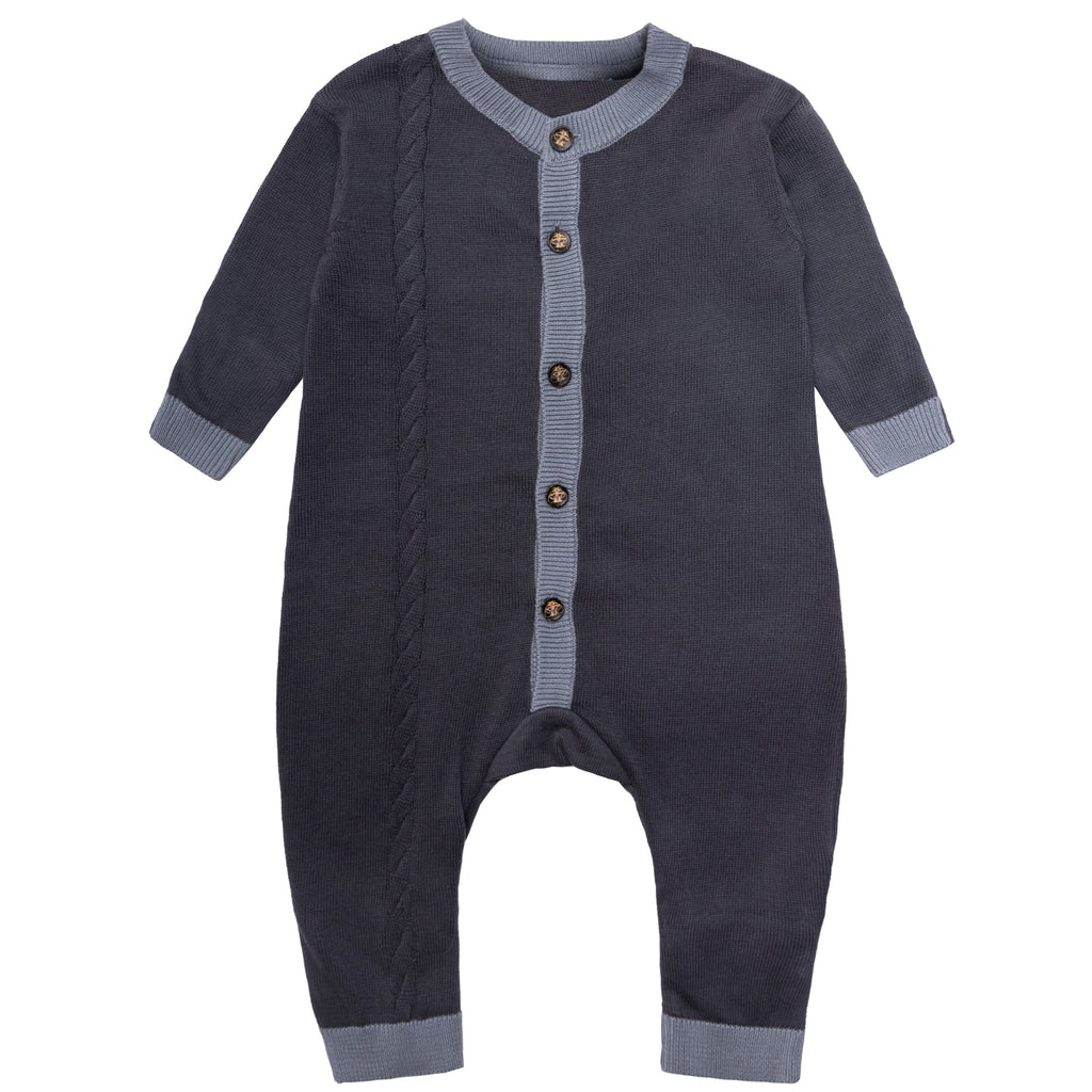 Organic cotton newborn baby romper with cable knit details, foldable cuffs, and natural coconut buttons