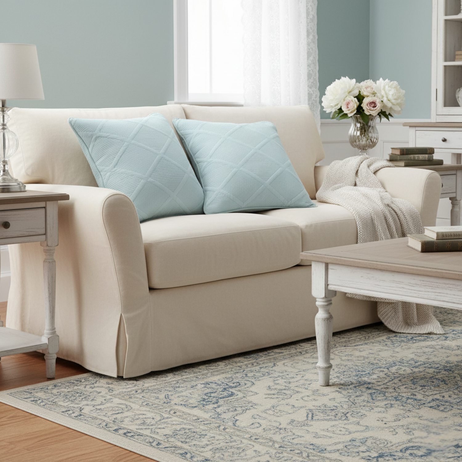 Seafoam blue cotton cushion cover with geometric diamond matelasse stitching on a comfortable bed — view 3