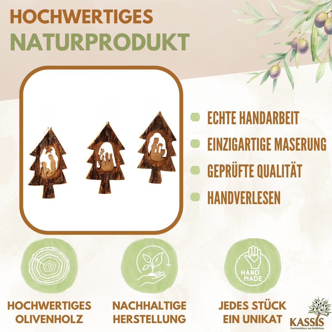 Krippen-Anhänger aus Olivenholz im Tannenbaum mit Rinde (3er Set) | Baumschmuck & Weihnachtsdeko für Advent und Weihnachten-1