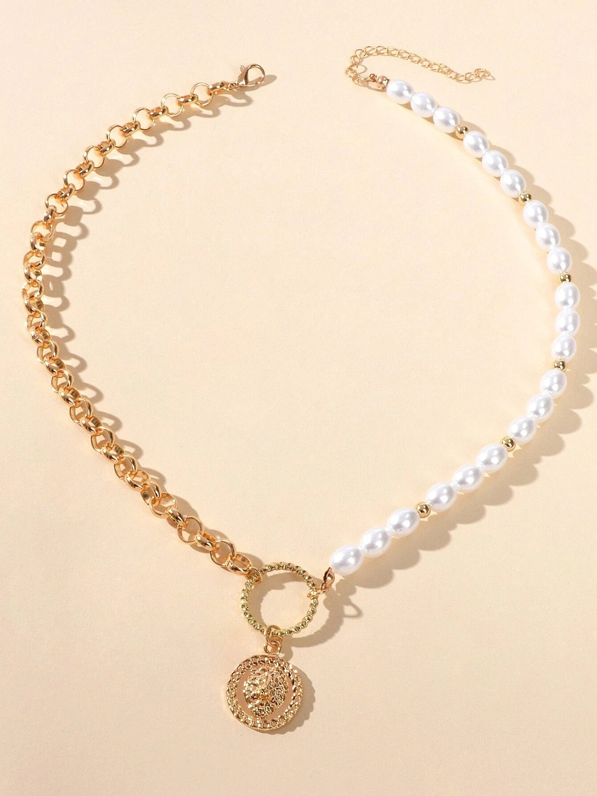 Gold Chain with Pearl Lion Head Round Pendant Necklace Chunky Gothic Jewellery-1