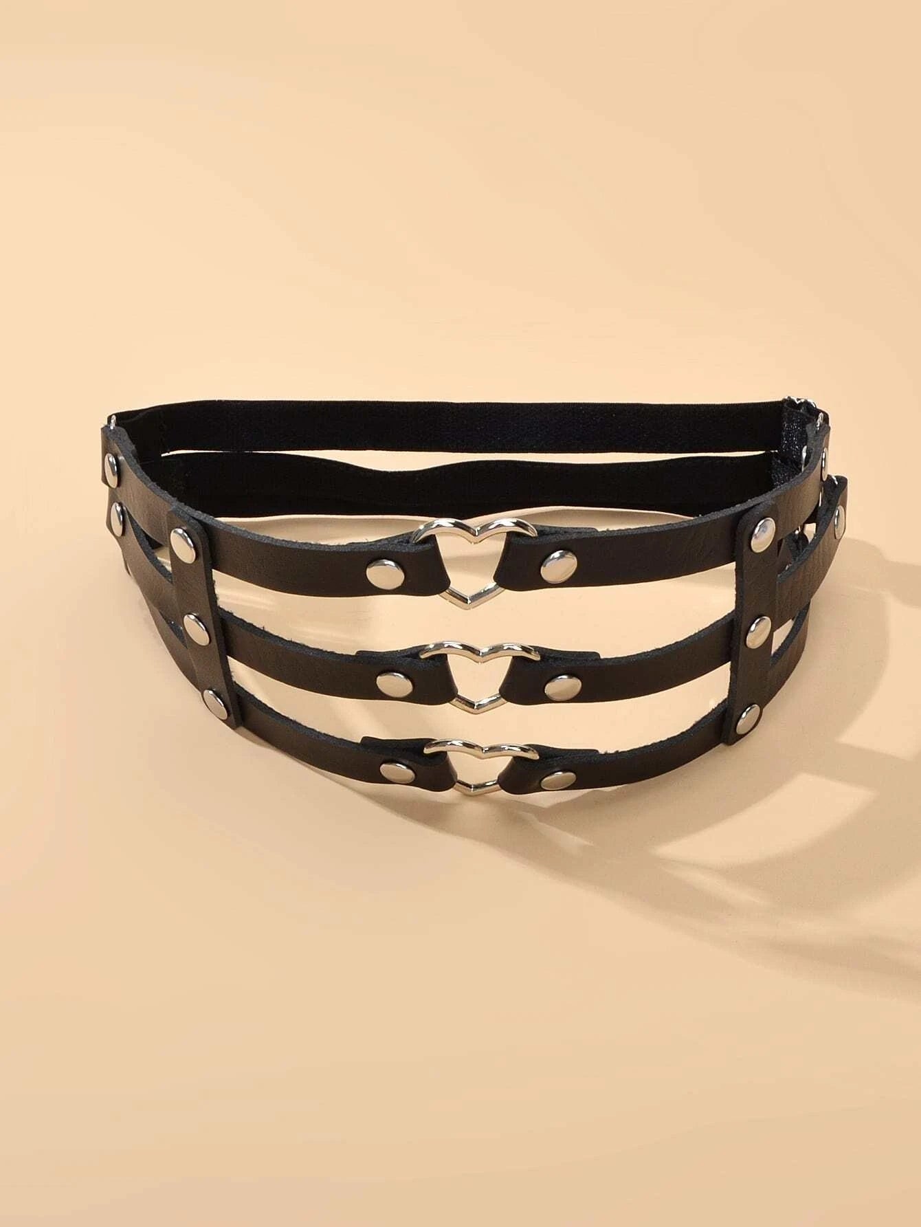 Punk gothic black PU leather elastic leg chain thigh harness with silver metal ring hardware — view 2